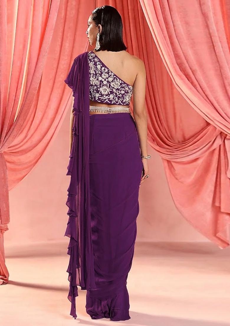 Purple Hand Work Embroidered Pre Draped Saree Set - Indya