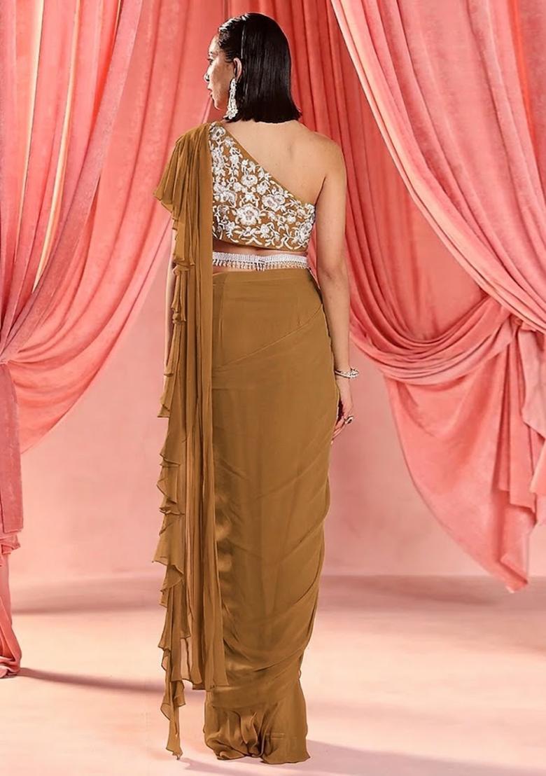 Mustard Yellow Hand Work Embroidered Pre Draped Saree Set - Indya