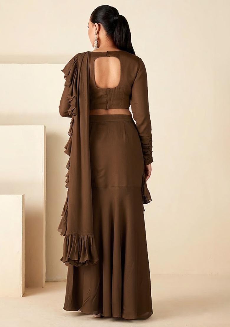 Brown Hand Work Embroidered Pre Draped Saree Set - Indya