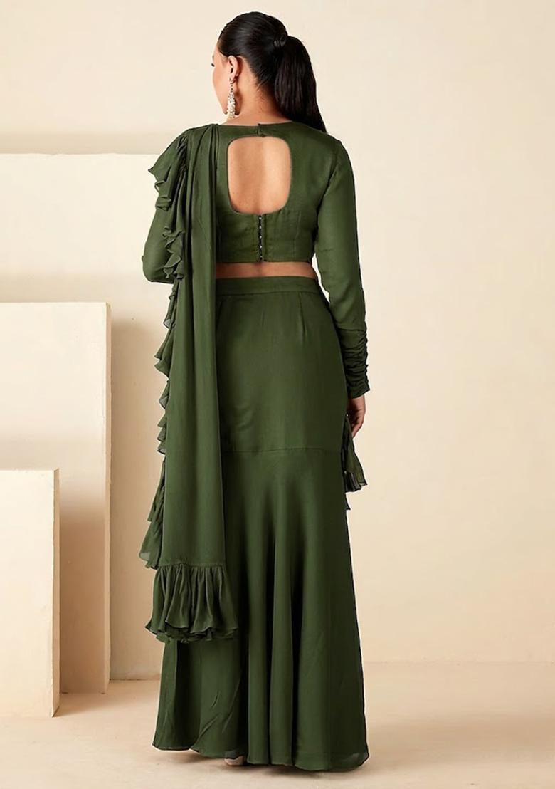 Green Hand Work Embroidered Pre Draped Saree Set - Indya