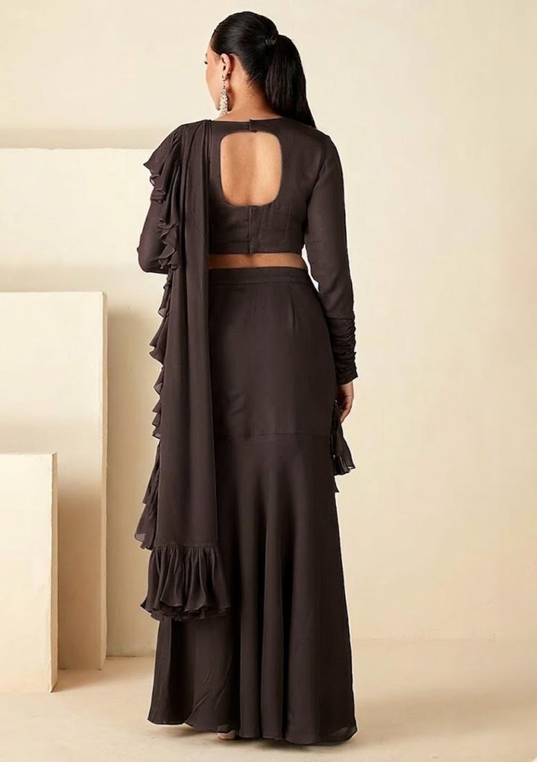 Dark Brown Hand Work Embroidered Pre Draped Saree Set - Indya