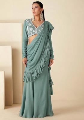  Green Hand Work Embroidered Pre Draped Saree Set