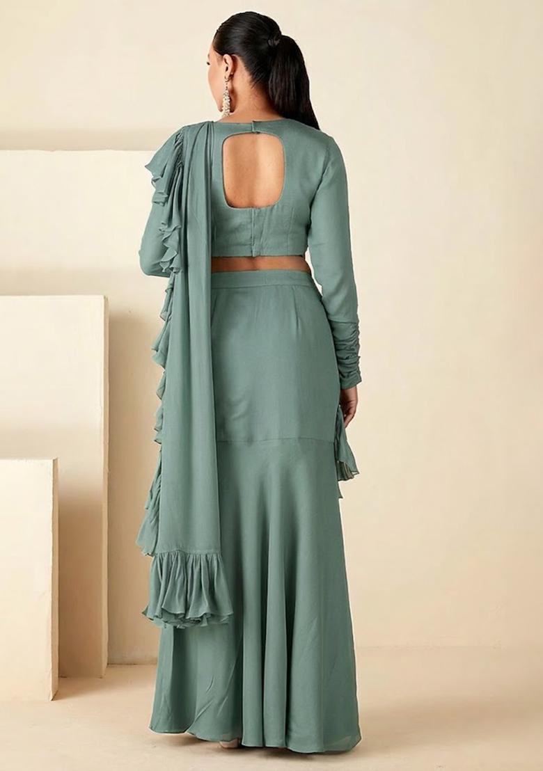  Green Hand Work Embroidered Pre Draped Saree Set - Indya