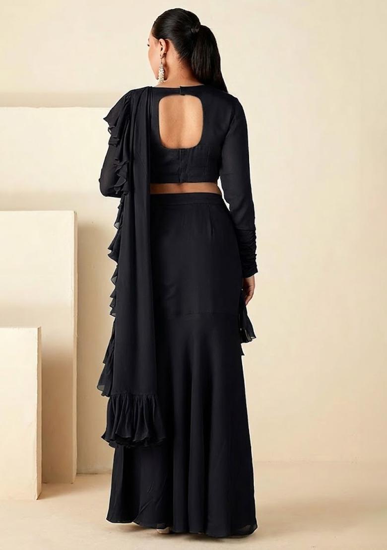 Black Hand Work Embroidered Pre Draped Saree Set - Indya