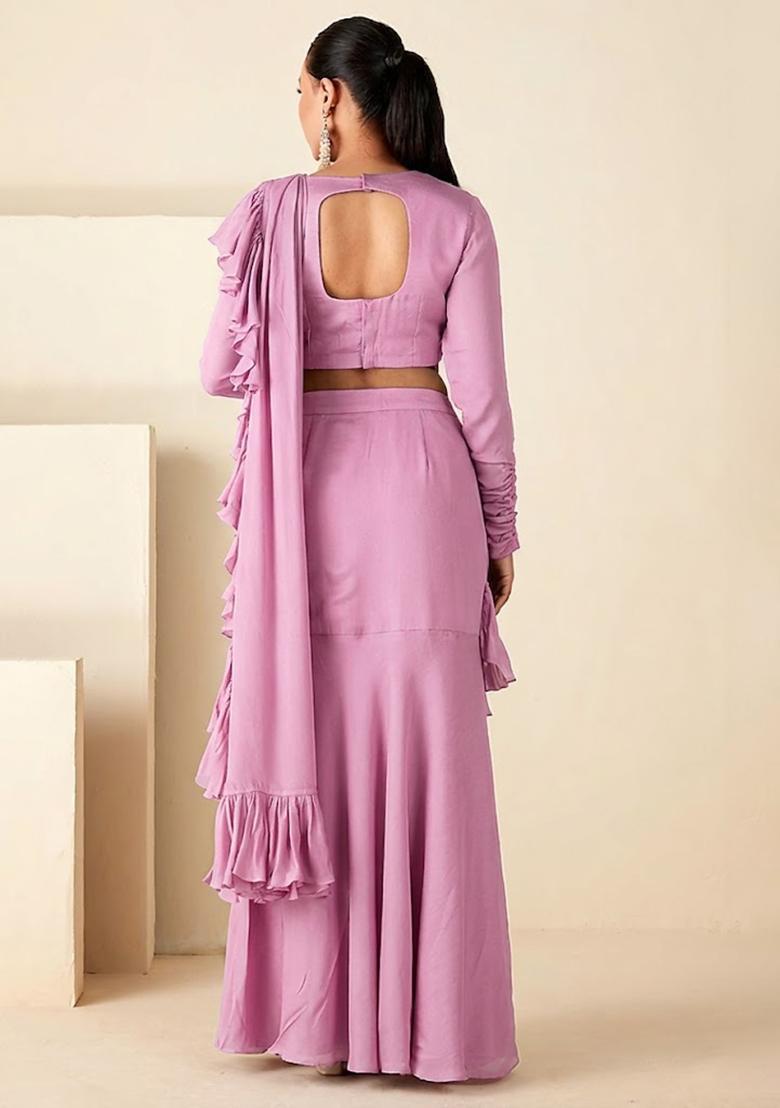 Hot Pink Hand Work Embroidered Pre Draped Saree Set - Indya