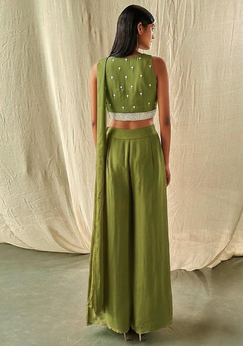 Olive Green Hand Work Embellished Fusion Set - Indya