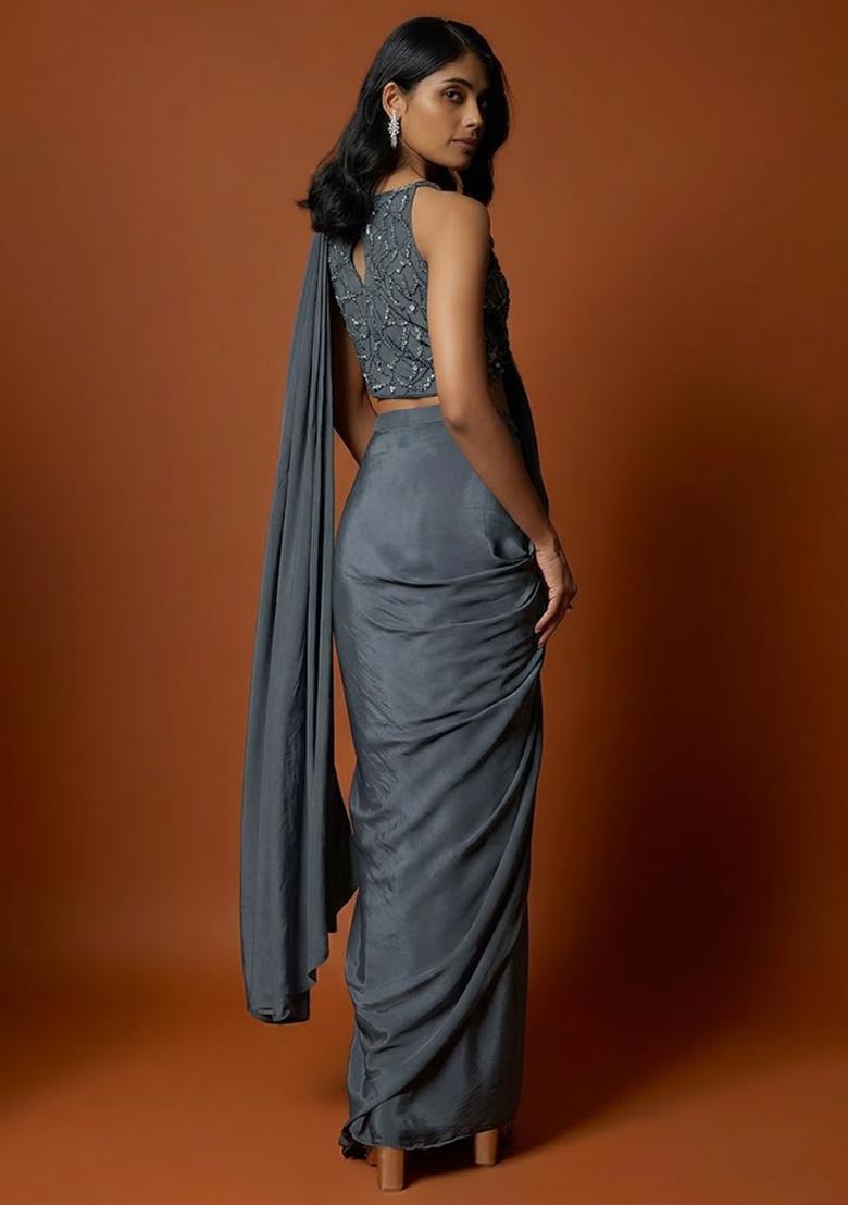 Grey Hand Work Sequin Pre Draped Saree Set - Indya