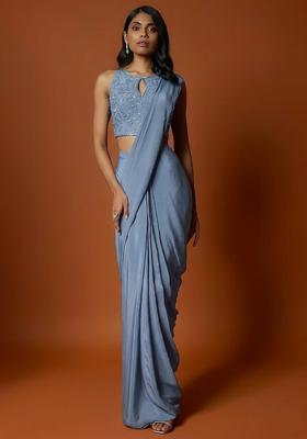 Sky Blue Hand Work Sequin Pre Draped Saree Set