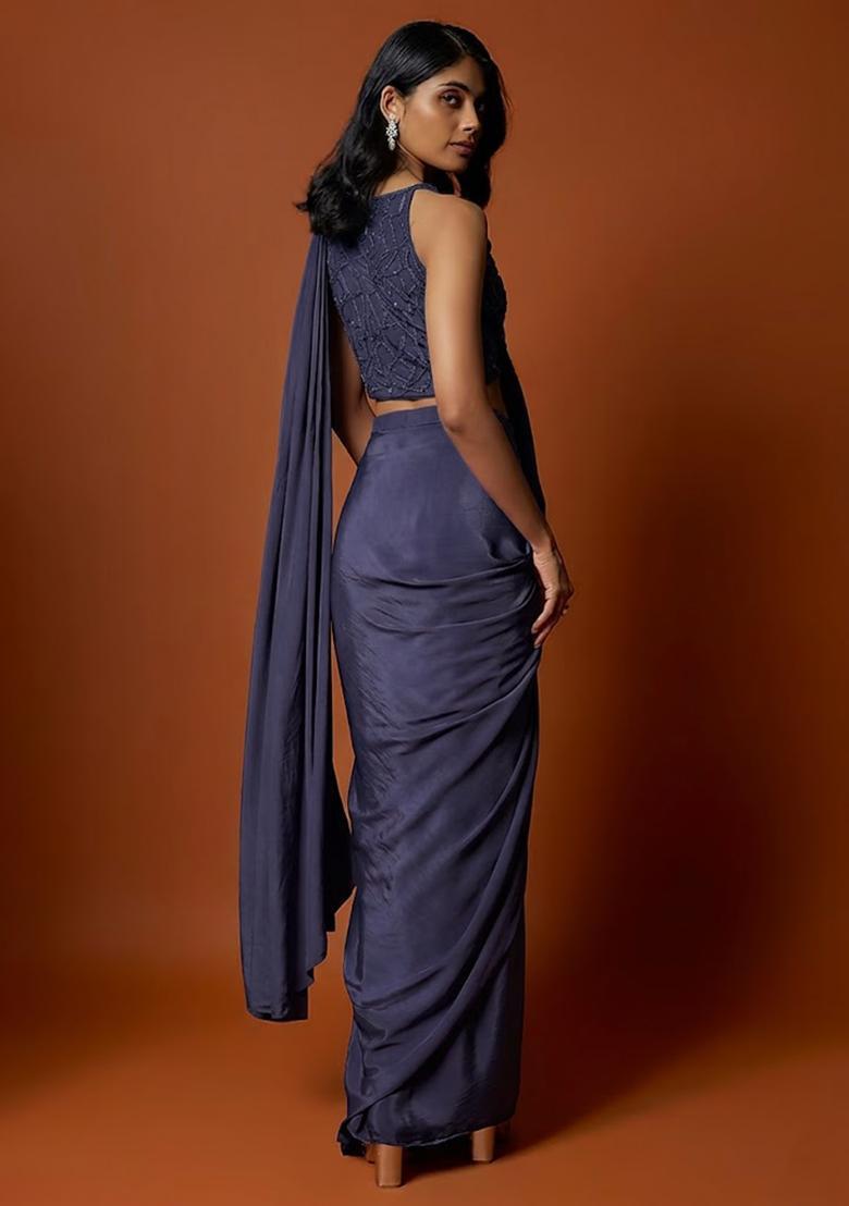 Black Hand Work Sequin Pre Draped Saree Set - Indya