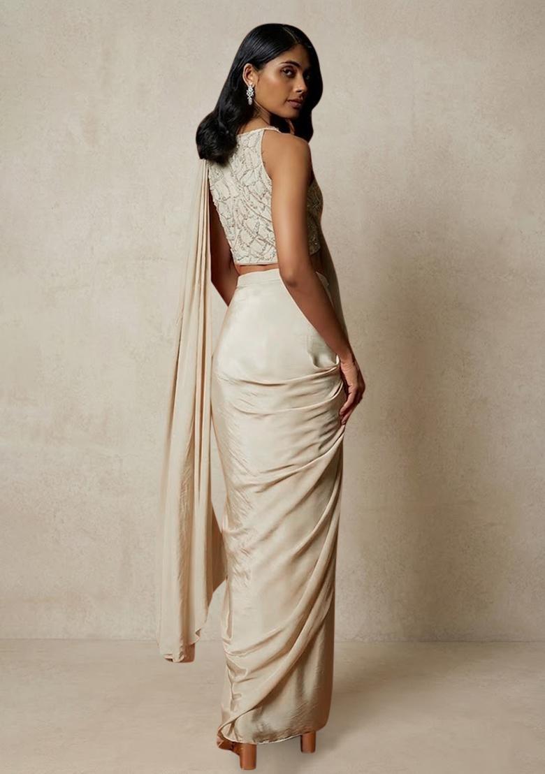 Off White Hand Work Sequin Pre Draped Saree Set - Indya