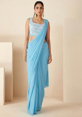 Light Blue Hand Work Embroidered Pre Draped Saree Set