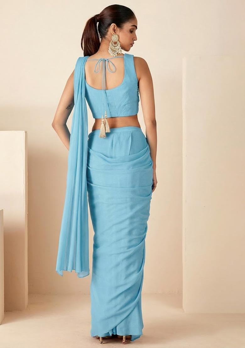 Light Blue Hand Work Embroidered Pre Draped Saree Set - Indya