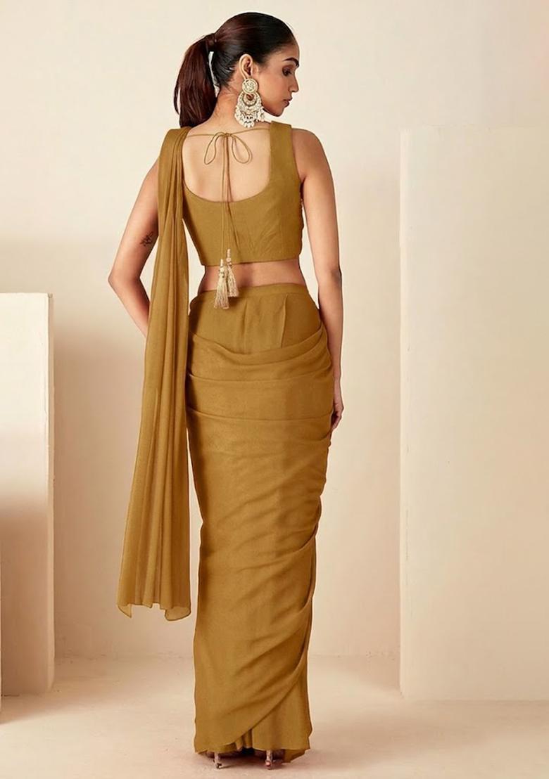 Golden Yellow Hand Work Embroidered Pre Draped Saree Set - Indya