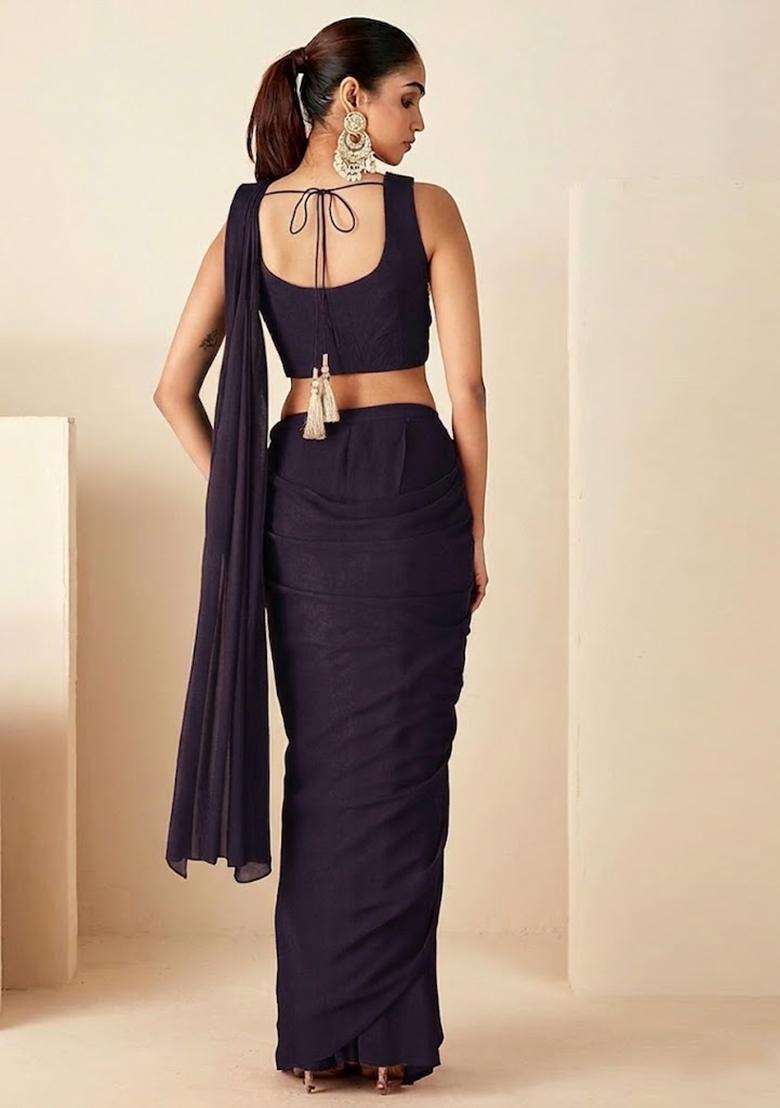 Deep Blue Hand Work Embroidered Pre Draped Saree Set - Indya
