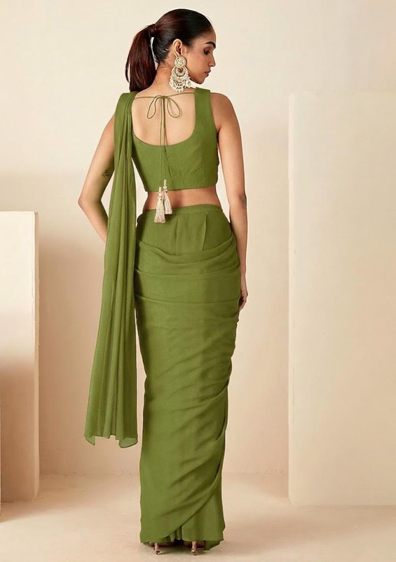 Olive Green Hand Work Embroidered Pre Draped Saree Set - Indya