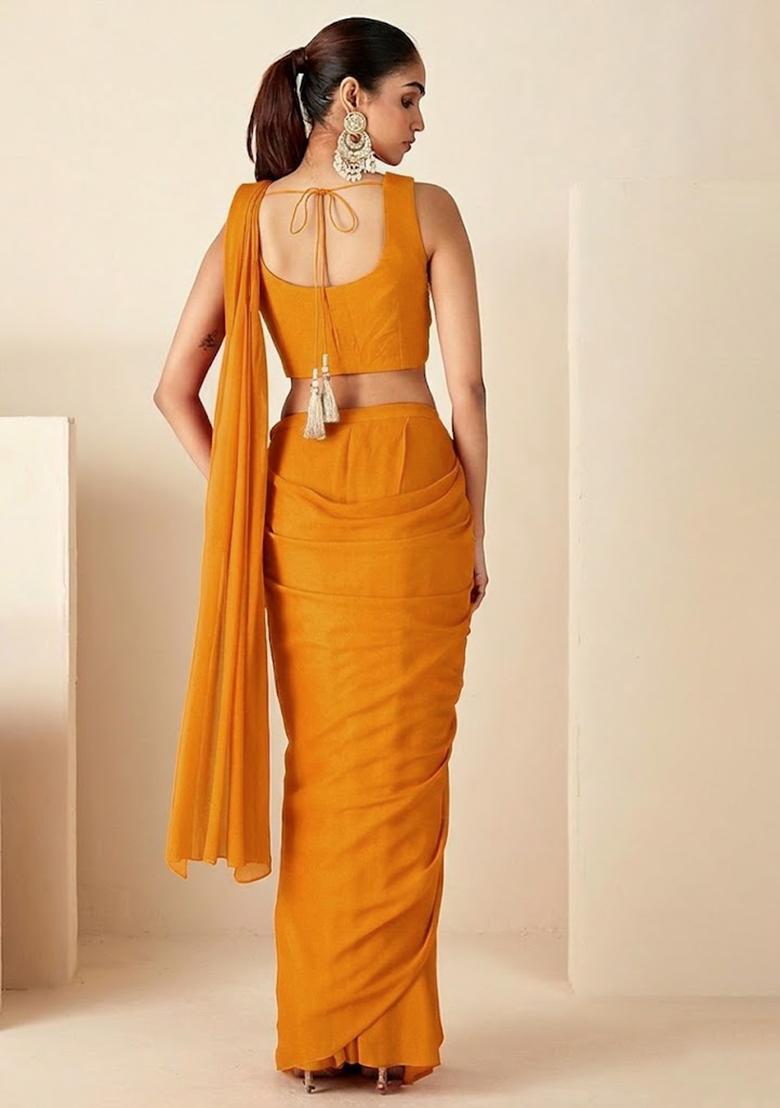Golden Yellow Hand Work Embroidered Pre Draped Saree Set - Indya