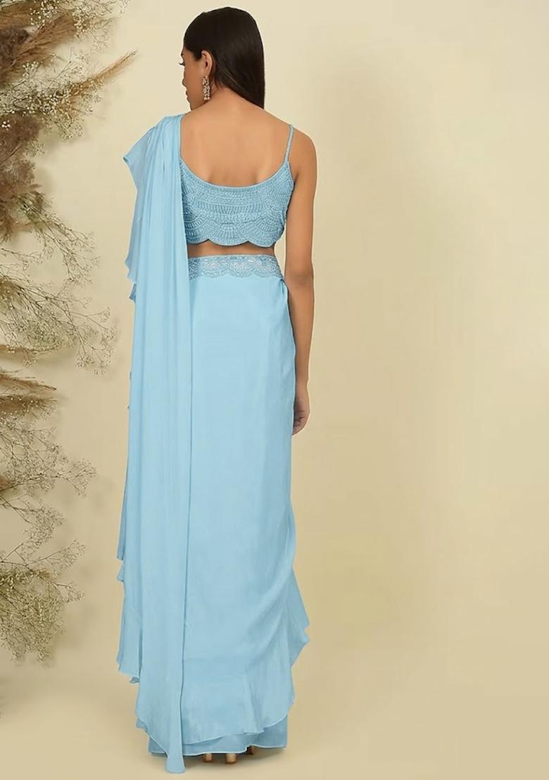 Light Blue Hand Work Sequin Pre Draped Saree Set - Indya