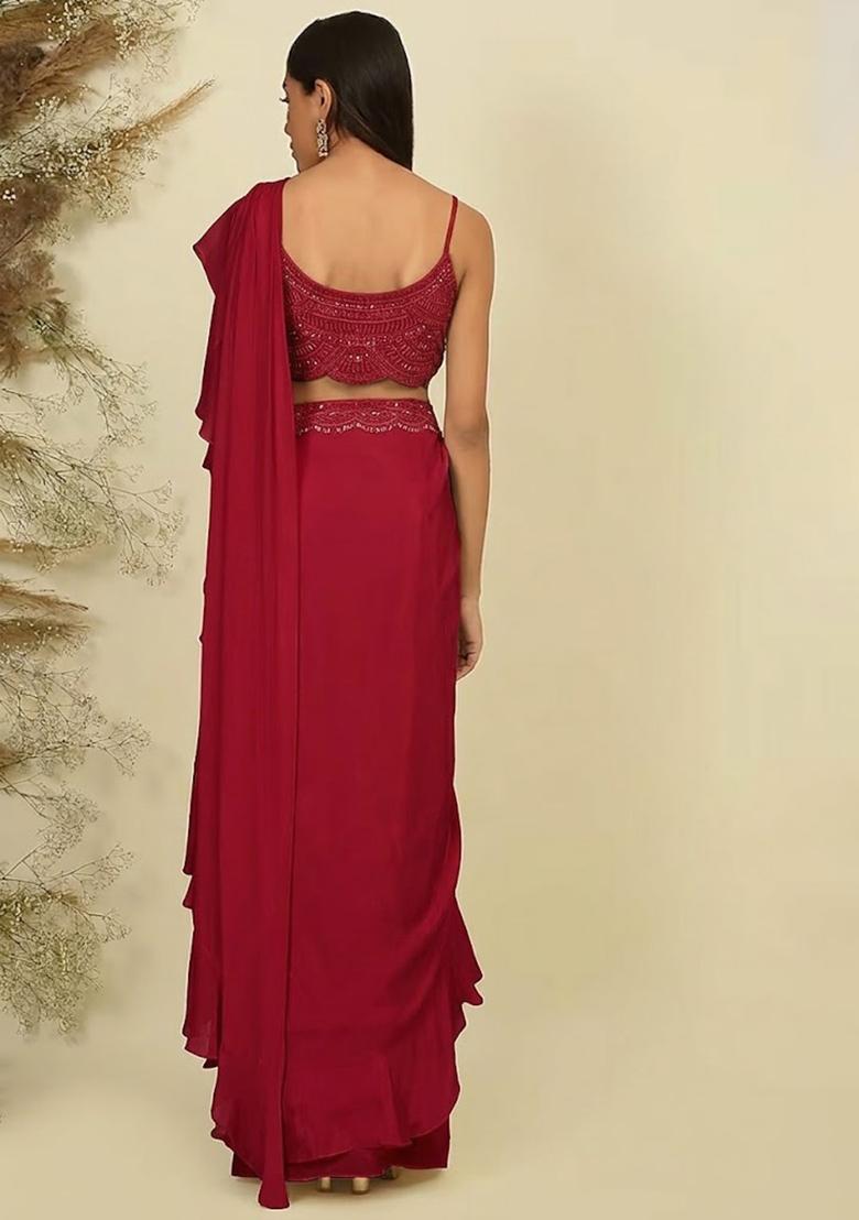 Cherry Red Hand Work Sequin Pre Draped Saree Set - Indya