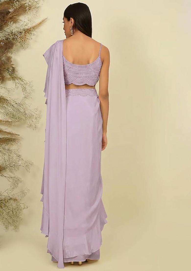 Light Purple Hand Work Sequin Pre Draped Saree Set - Indya