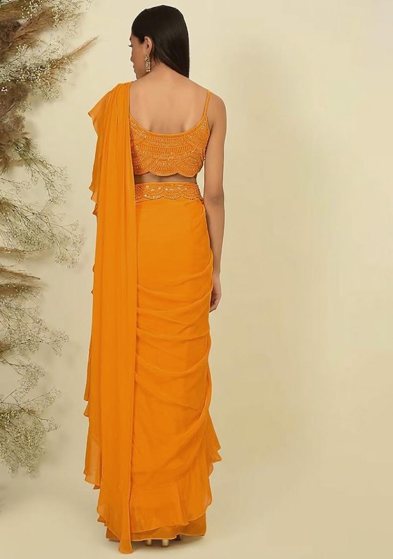 Golden Yellow Hand Work Sequin Pre Draped Saree Set - Indya