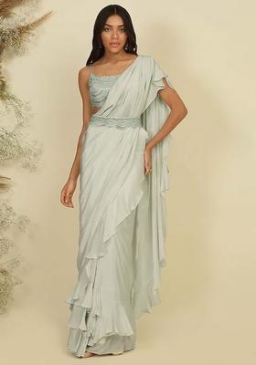 Sage Green Hand Work Sequin Pre Draped Saree Set