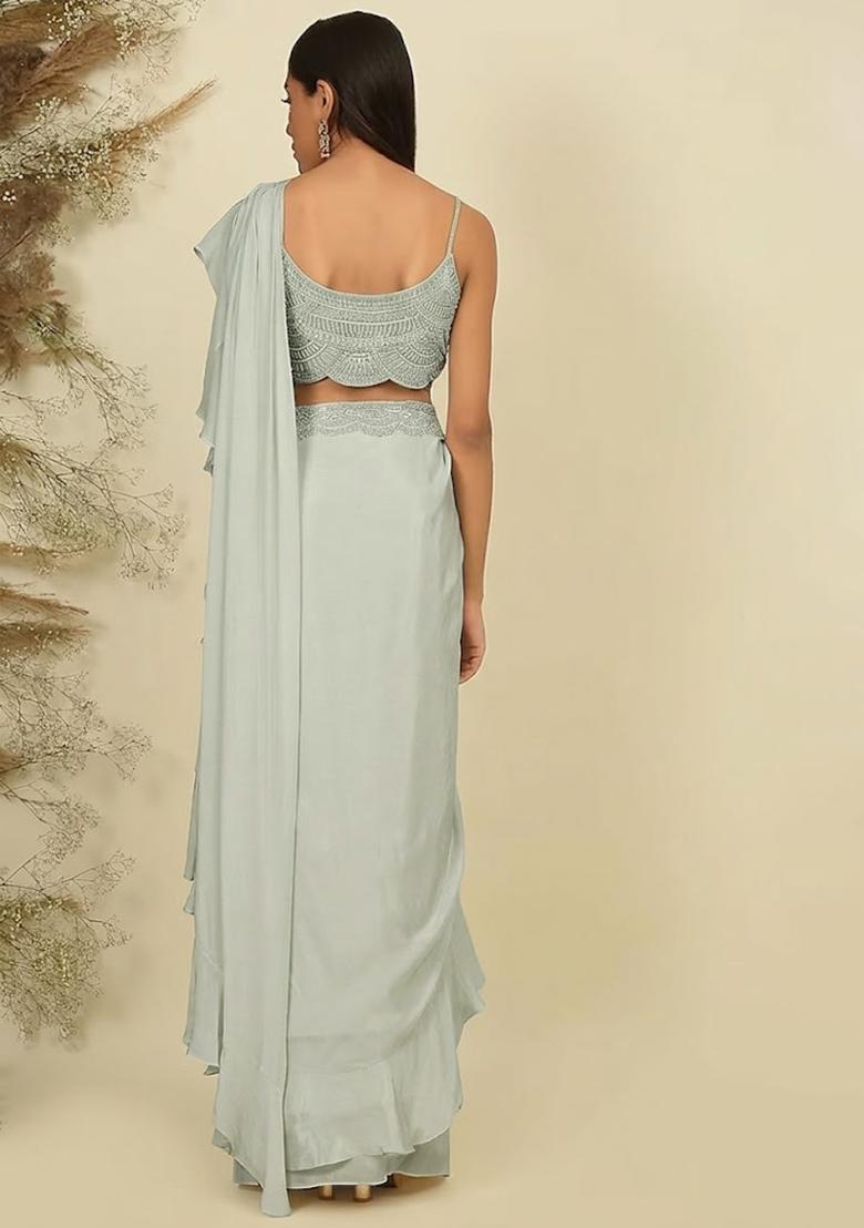 Sage Green Hand Work Sequin Pre Draped Saree Set - Indya