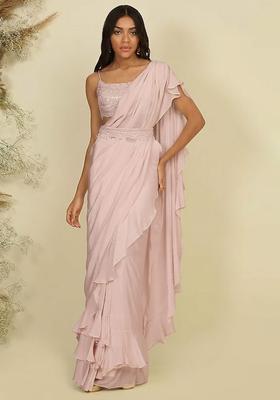 Soft Pink Hand Work Sequin Pre Draped Saree Set