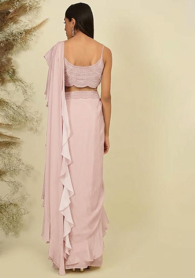 Soft Pink Hand Work Sequin Pre Draped Saree Set - Indya