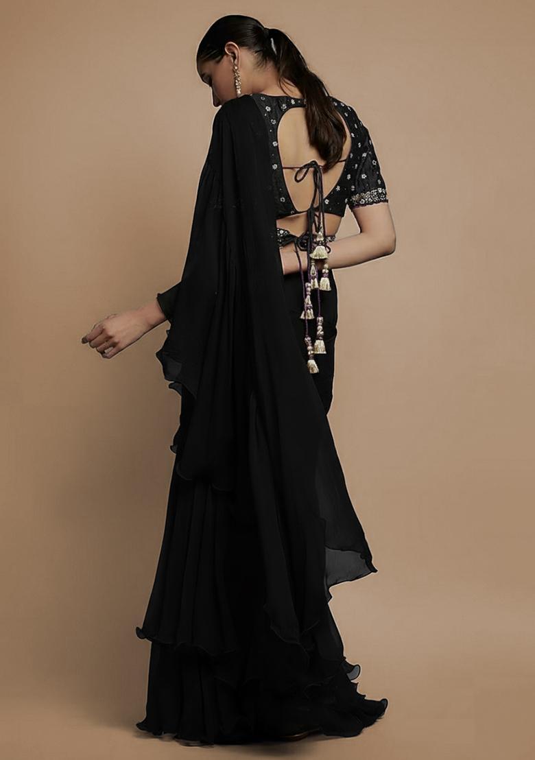 Black Hand Work Embroidered Pre Draped Saree Set - Indya