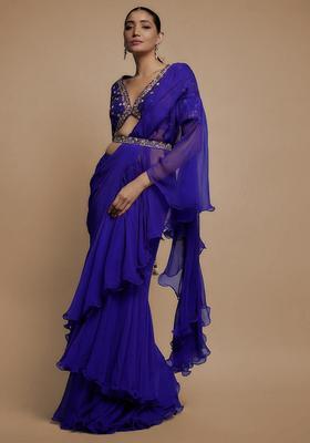 Blue Hand Work Embroidered Pre Draped Saree Set