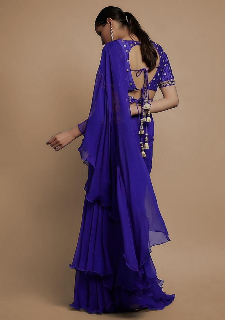 Blue Hand Work Embroidered Pre Draped Saree Set - Indya