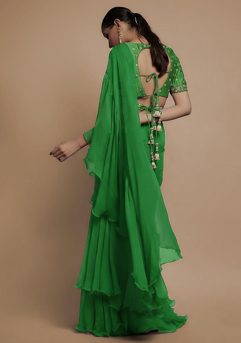 Light Green Hand Work Embroidered Pre Draped Saree Set - Indya