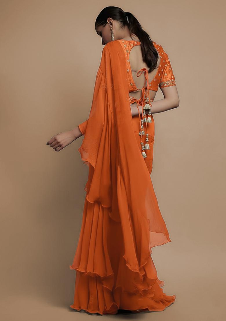 Bright Orange Hand Work Embroidered Pre Draped Saree Set - Indya