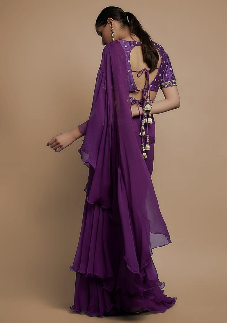 Plum Hand Work Embroidered Pre Draped Saree Set - Indya
