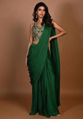 Green Hand Work Embroidered Pre Draped Saree Set
