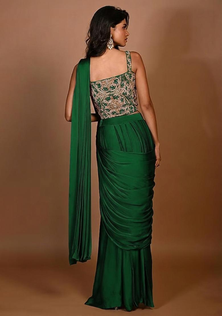 Green Hand Work Embroidered Pre Draped Saree Set - Indya