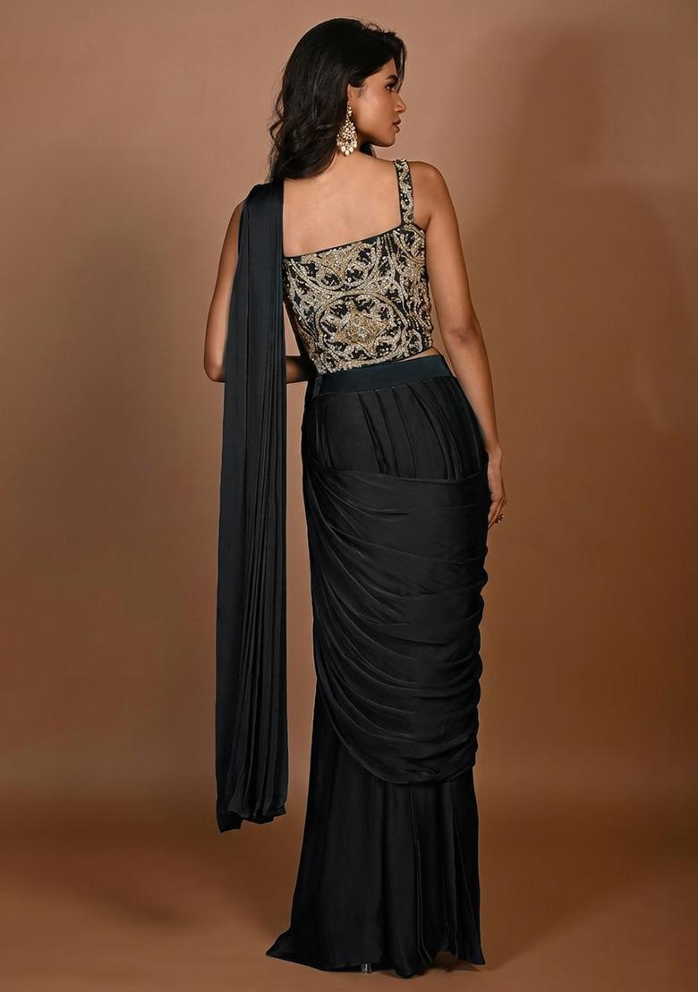 Black Hand Work Embroidered Pre Draped Saree Set - Indya