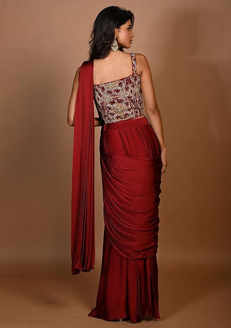 Deep Red Hand Work Embroidered Pre Draped Saree Set - Indya