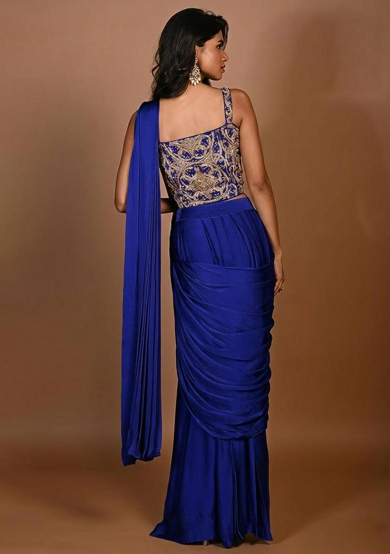 Blue Hand Work Embroidered Pre Draped Saree Set - Indya