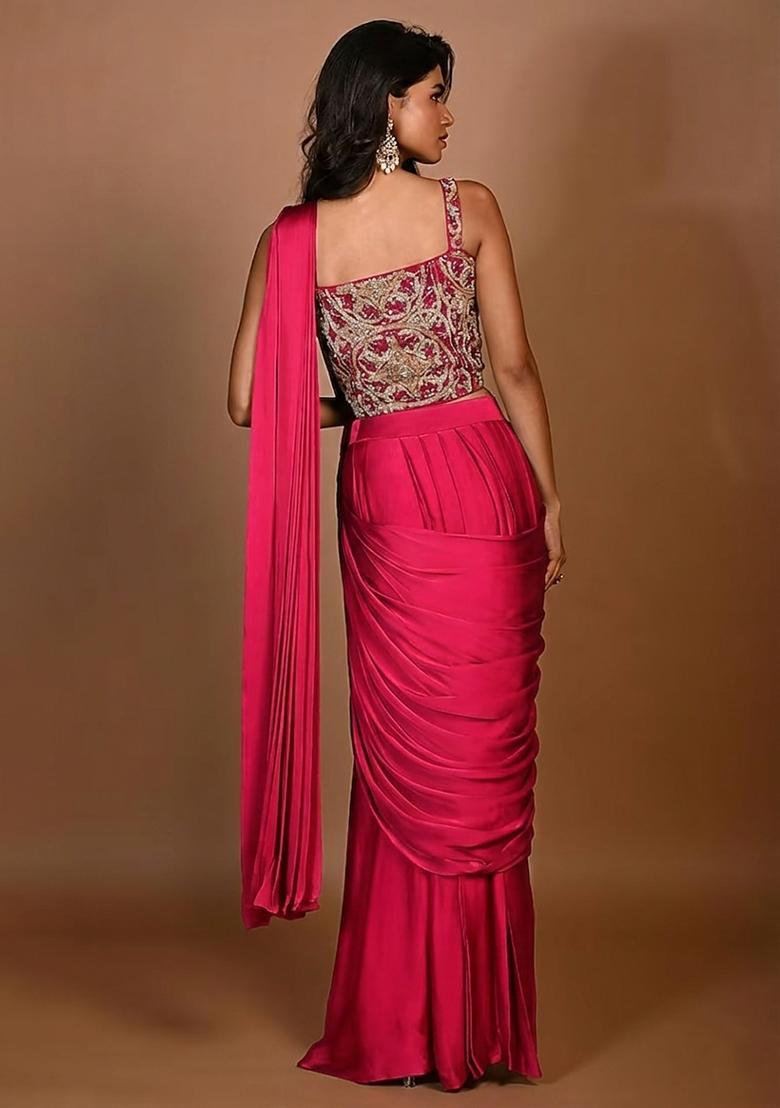 Hot Pink Hand Work Embroidered Pre Draped Saree Set - Indya