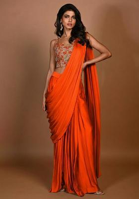 Bright Orange Hand Work Embroidered Pre Draped Saree Set