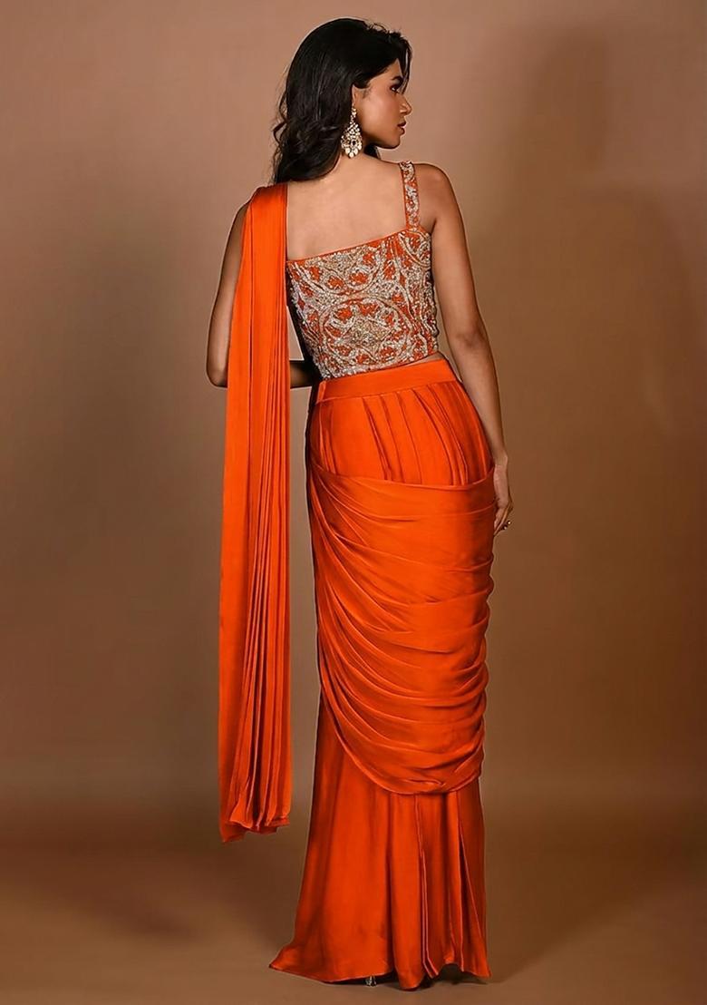 Bright Orange Hand Work Embroidered Pre Draped Saree Set - Indya