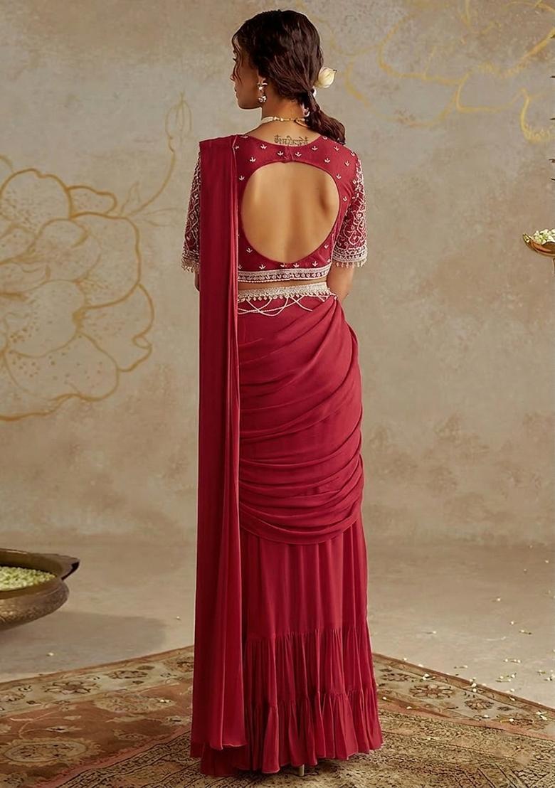Cherry Red Hand Work Embellished Pre Draped Saree Set - Indya