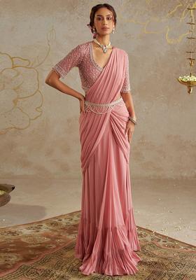 Blush Pink Hand Work Embellished Pre Draped Saree Set