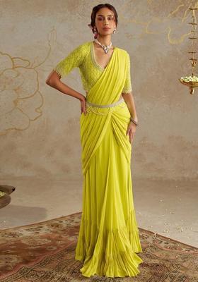 Lime Green Hand Work Embellished Pre Draped Saree Set