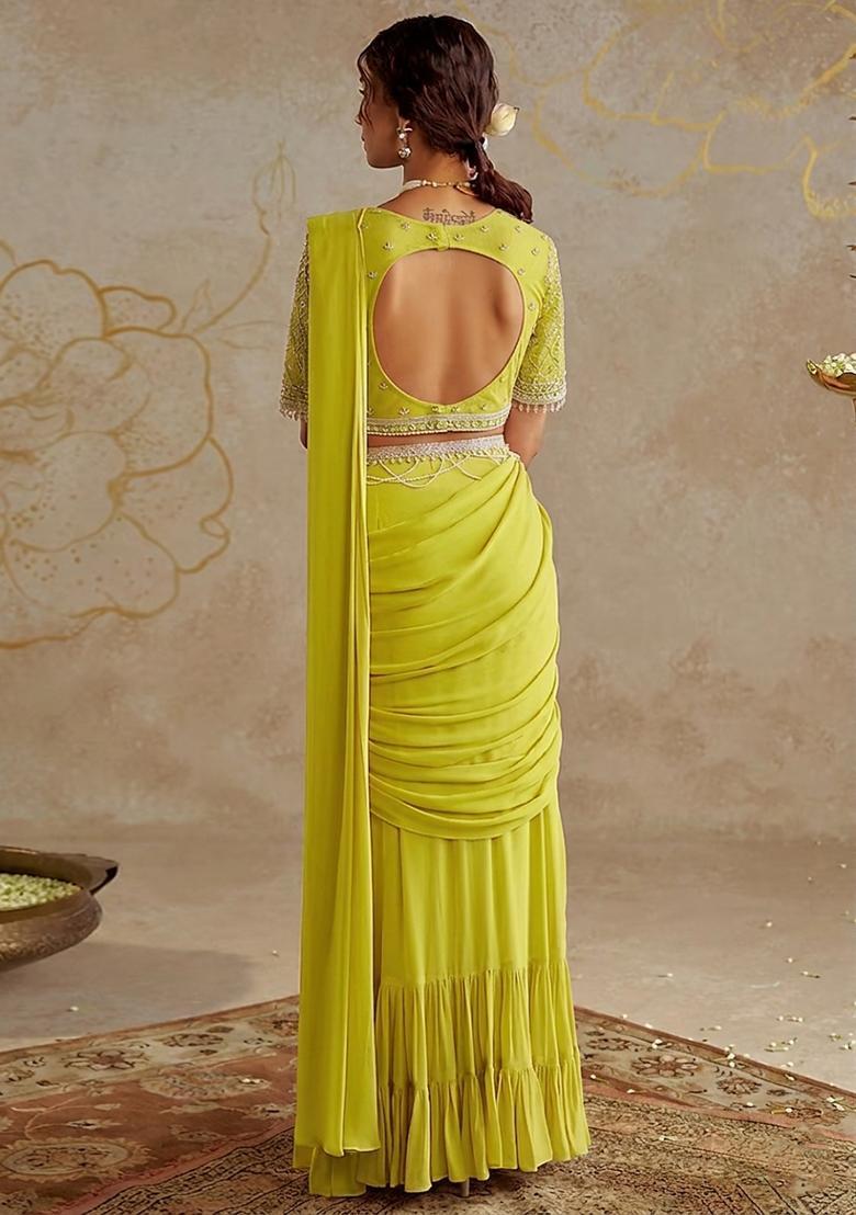 Lime Green Hand Work Embellished Pre Draped Saree Set - Indya