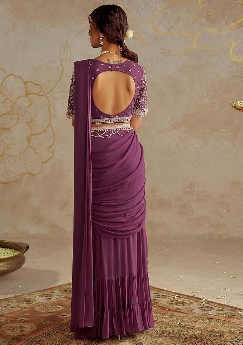 Purple Hand Work Embellished Pre Draped Saree Set - Indya
