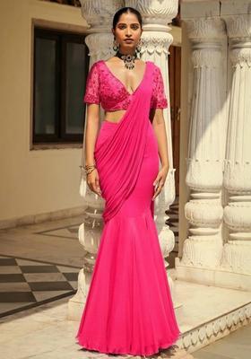 Hot Pink Hand Work Embroidered Pre Draped Saree Set