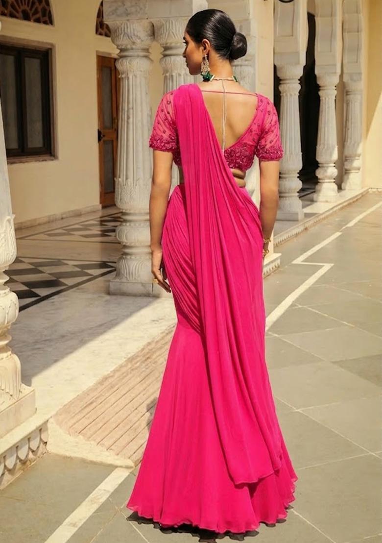 Hot Pink Hand Work Embroidered Pre Draped Saree Set - Indya