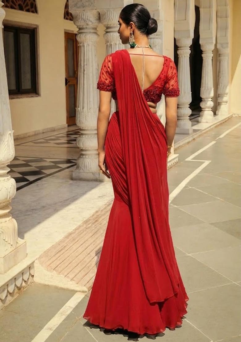 Bright Red Hand Work Embroidered Pre Draped Saree Set - Indya